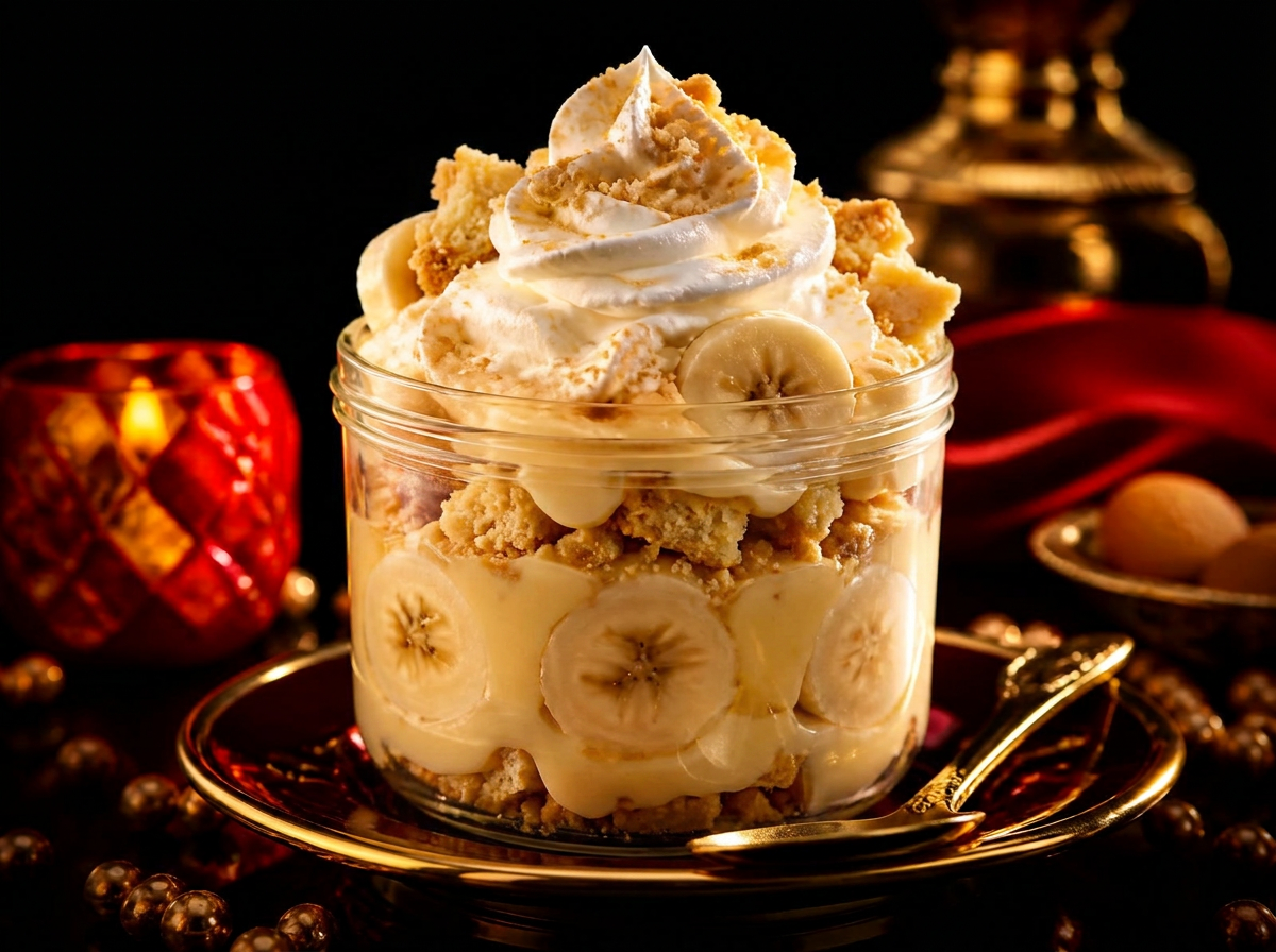 Jar of banana pudding topped with whipped cream and crumbled shortbread
